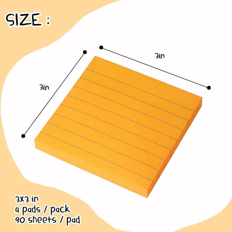 Eastern Wolf Lined Sticky Notes 3x3 Sticky Notes with Lines Self-Stick Notes Bright Color 4 Pads 90 Sheets/Pad (Orange) - Image 2